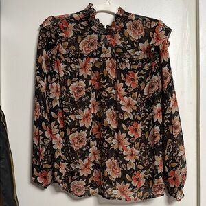Maurices Black and Pink Puff Sleeve Ruffled Blouse